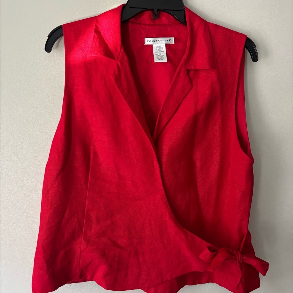 Vintage Romantic Red Preppy Linen V Neck Wrap Minimalist Christmas Top - Medium